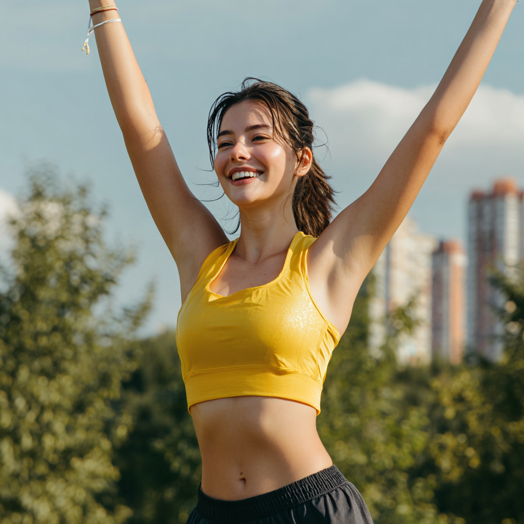 Smiling middle-aged Uzbek woman in fitness attire stretching outdoors with mountains in background